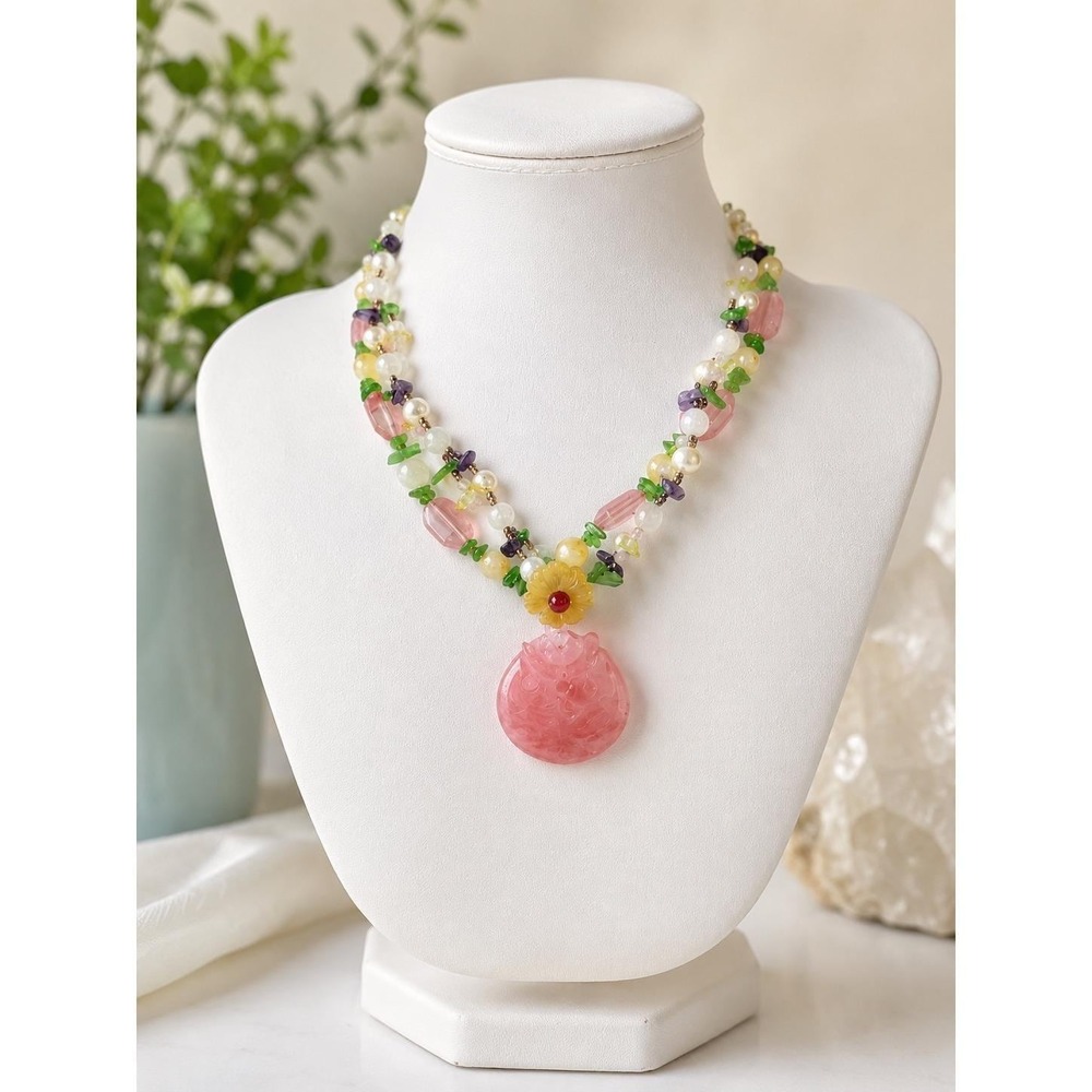 Multi Gemstone Cultured Pearl Double Strand Carved Rose Quartz Necklace